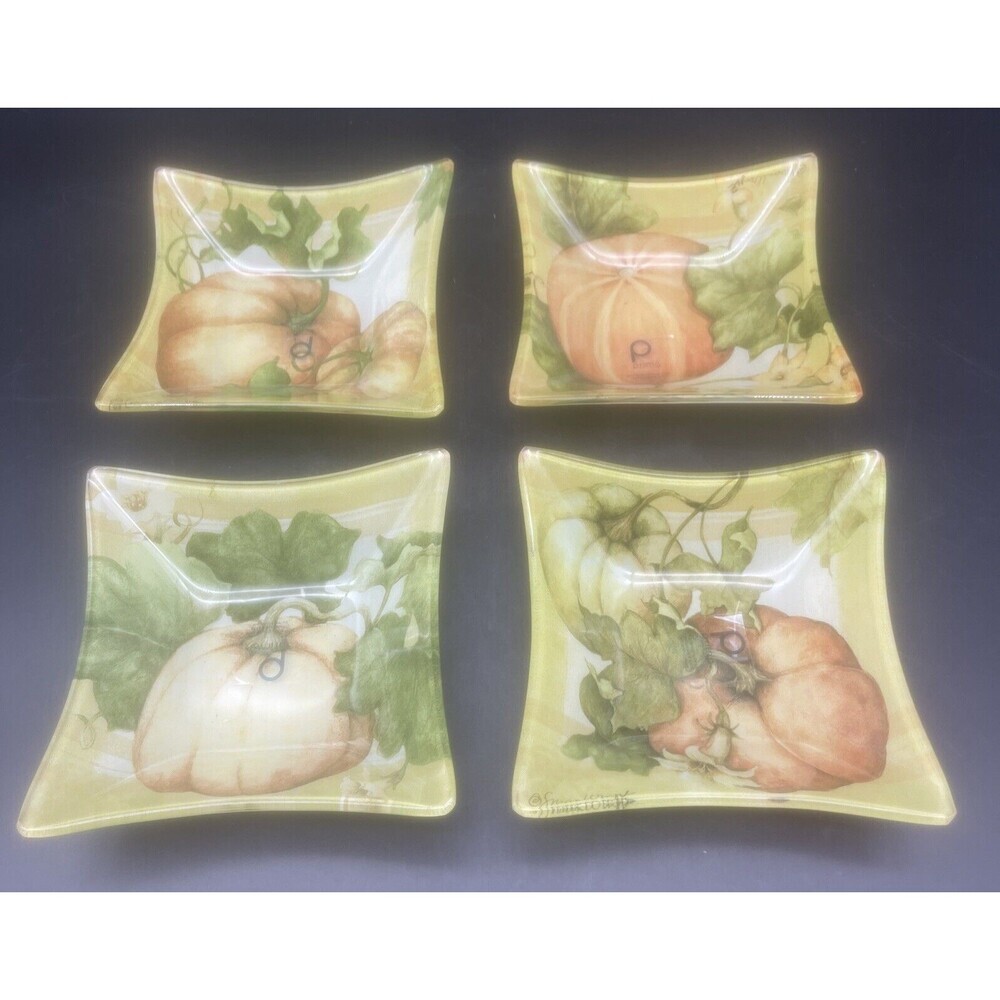 Prima Design Square Glass PUMPKIN Fall Autumn Bowl Set 5” Set Of 4 Signed NWT